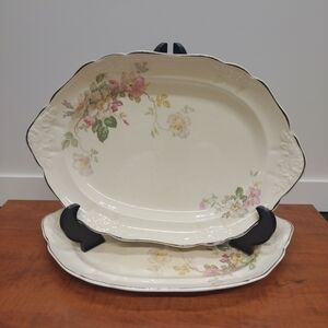 Vtg Taylor Smith Taylor Wild Briar Rose PLATTER 13" Embossed  Platinum Rim Set 2